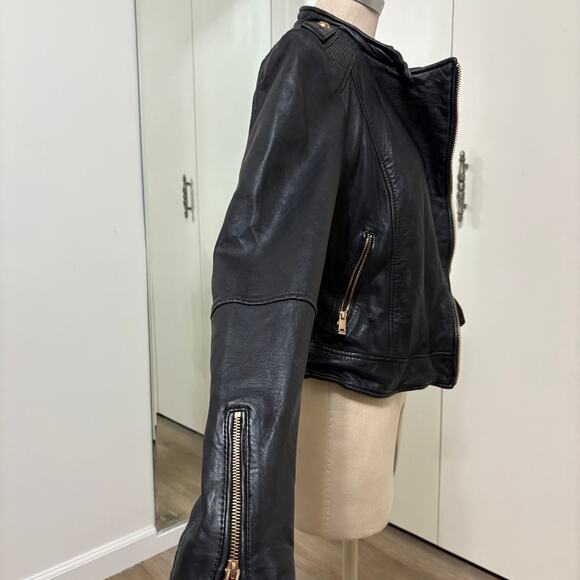 Zara Black Leather Jacket moto gold hardware zipper - Picture 6 of 10